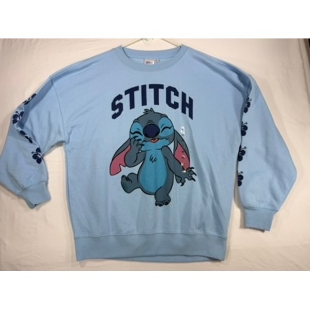 Disney Stitch Sweatshirt Women XS Light Blue‎ Like New Graphic Floral Pullover